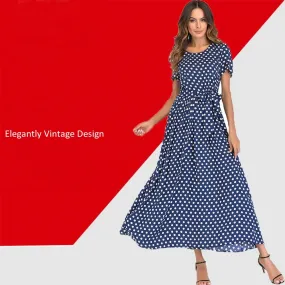 Maxi Long Dress - High Waist Vintage Polka Dot Dress