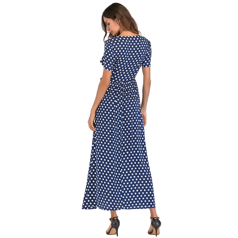 Maxi Long Dress - High Waist Vintage Polka Dot Dress