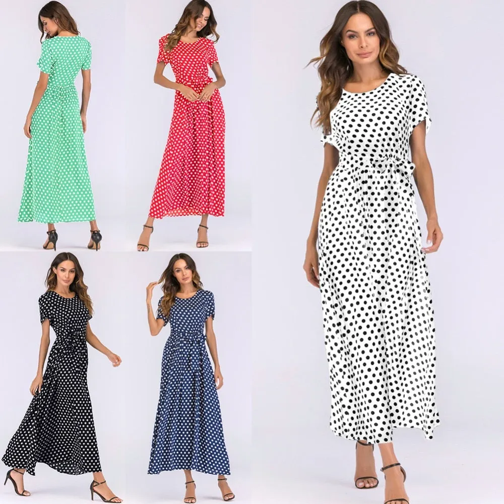 Maxi Long Dress - High Waist Vintage Polka Dot Dress