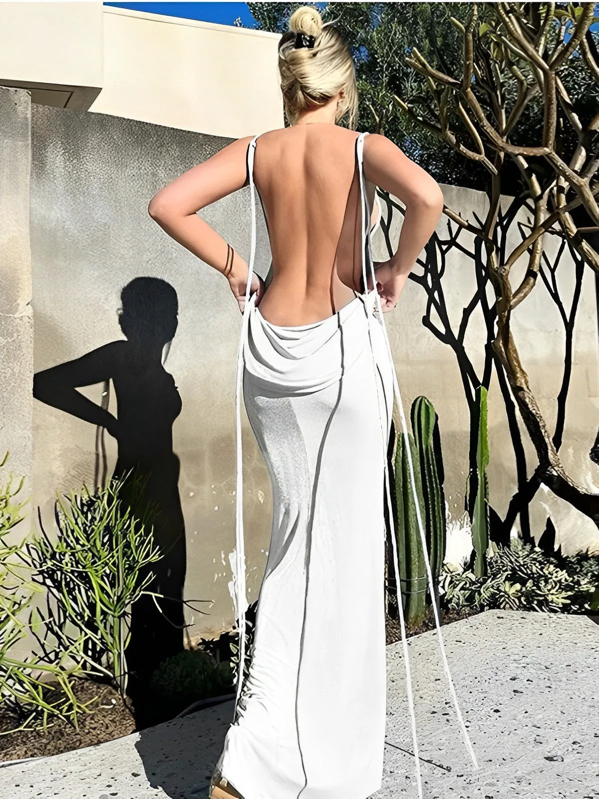 Momyknows White Bodycon Backless Draped Spaghetti Strap Lace Up Photoshoot Party Maternity Maxi Dress
