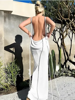 Momyknows White Bodycon Backless Draped Spaghetti Strap Lace Up Photoshoot Party Maternity Maxi Dress
