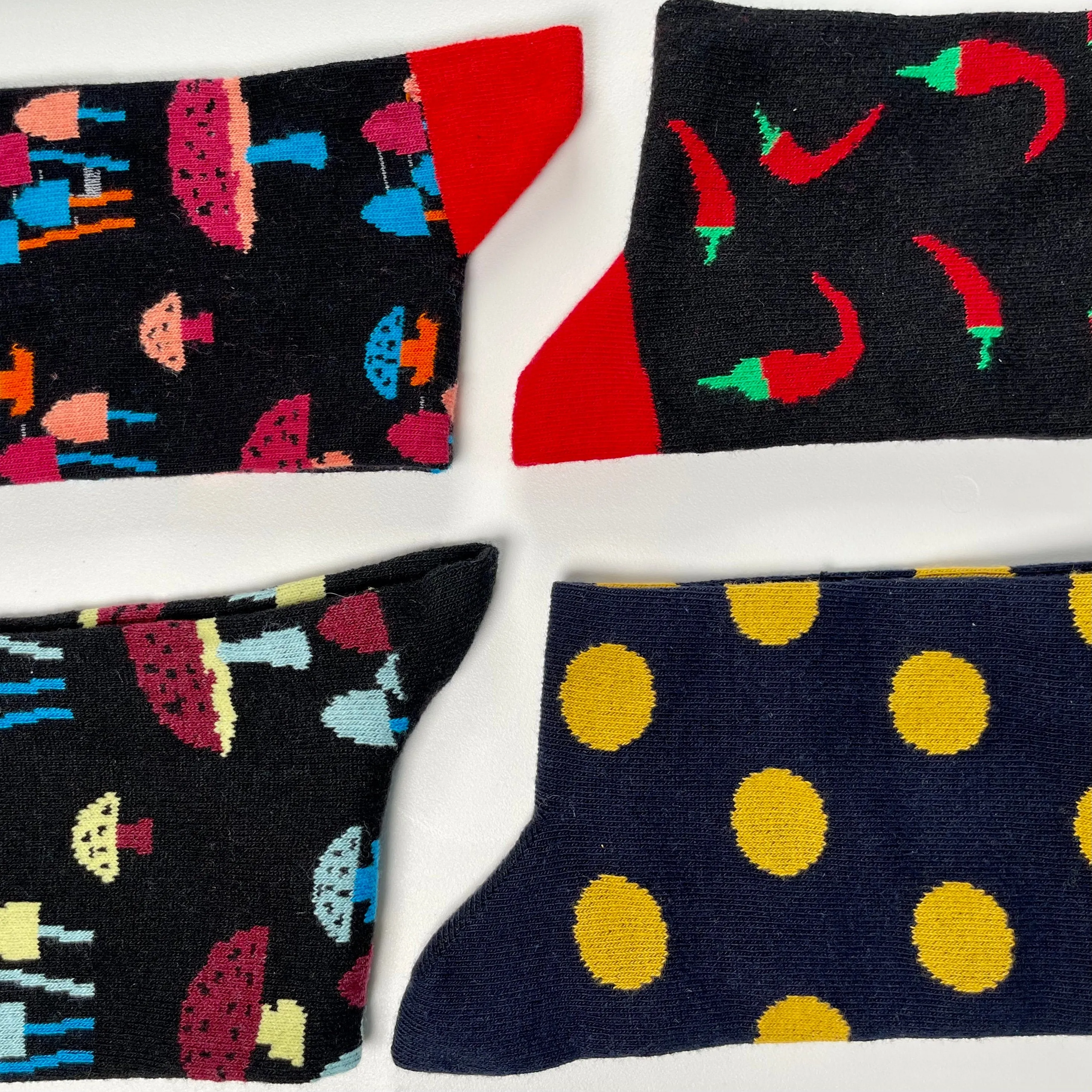 Mushroom Socks with Red Pepper and Polka Dot Socks Set 4 Pair Pattern Socks Cotton made Custom Socks for Groomsmen Socks for Fun
