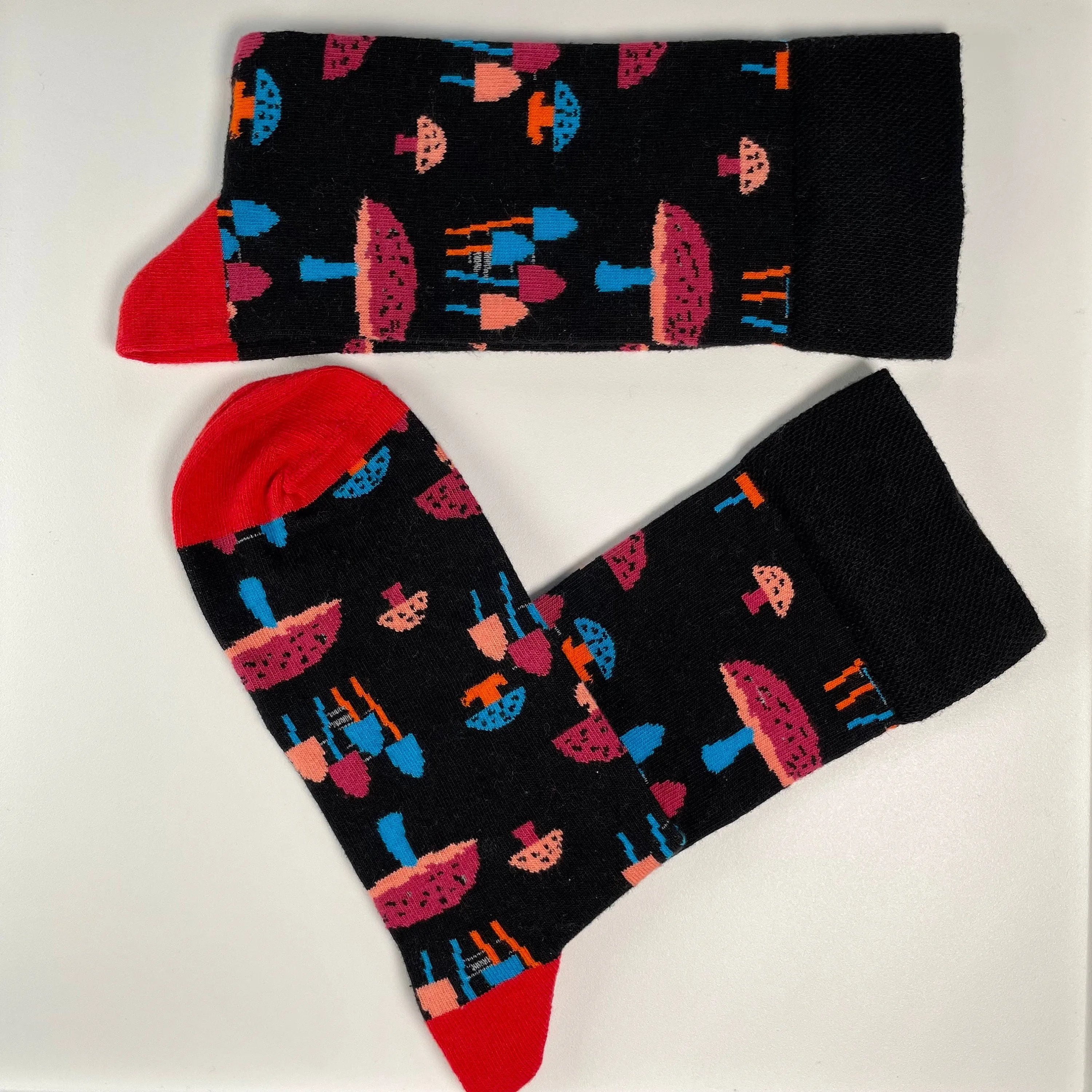 Mushroom Socks with Red Pepper and Polka Dot Socks Set 4 Pair Pattern Socks Cotton made Custom Socks for Groomsmen Socks for Fun