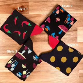 Mushroom Socks with Red Pepper and Polka Dot Socks Set 4 Pair Pattern Socks Cotton made Custom Socks for Groomsmen Socks for Fun
