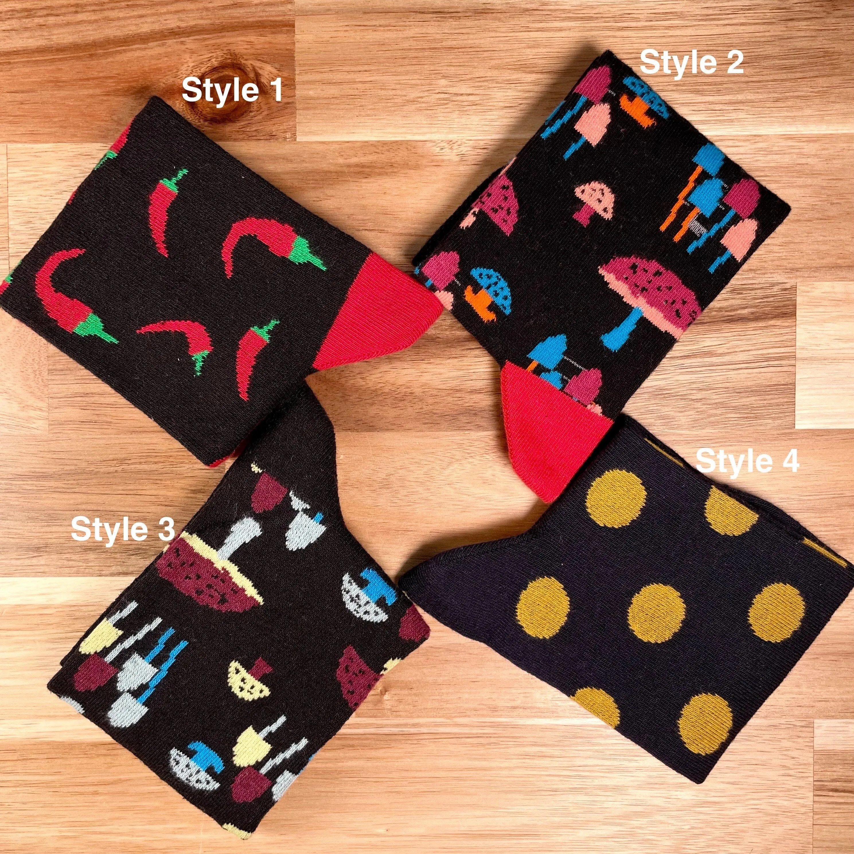 Mushroom Socks with Red Pepper and Polka Dot Socks Set 4 Pair Pattern Socks Cotton made Custom Socks for Groomsmen Socks for Fun