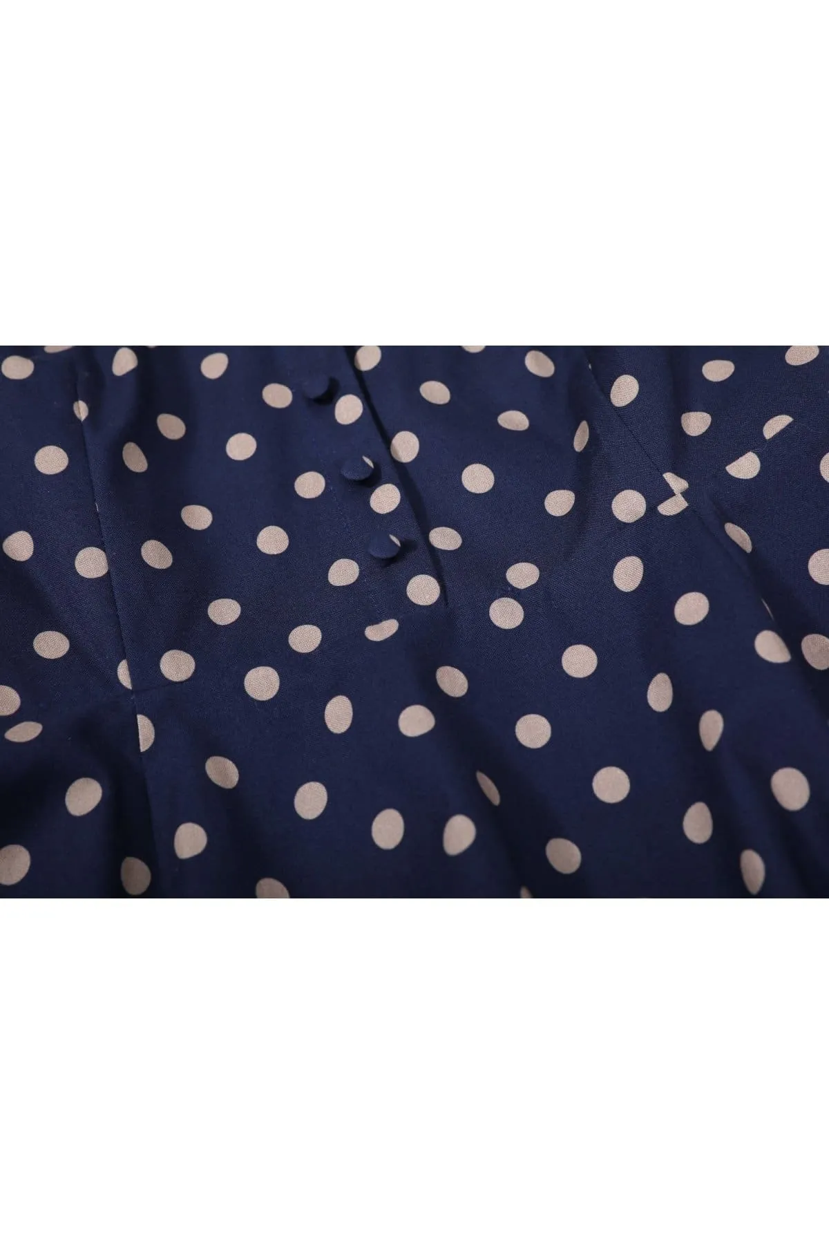 Navy Beige Polka Dot Collared Vintage Dress
