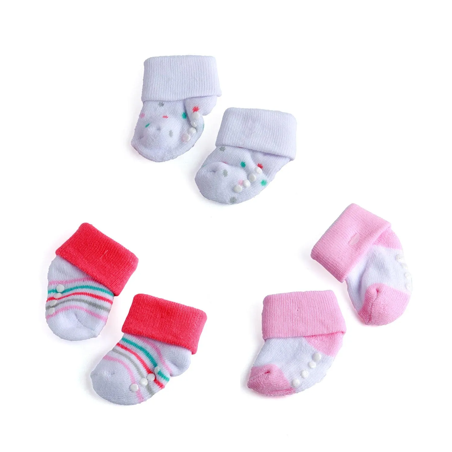 Striped And Polka Dot Pink 3 Pk Anti-Skid  Socks