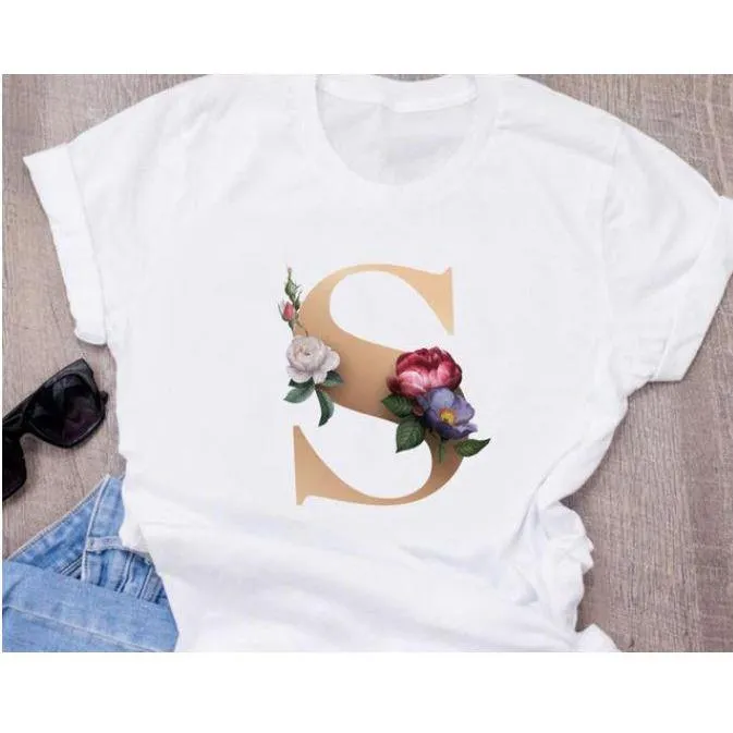 Stylish Women Flower Print Letter T Shirts