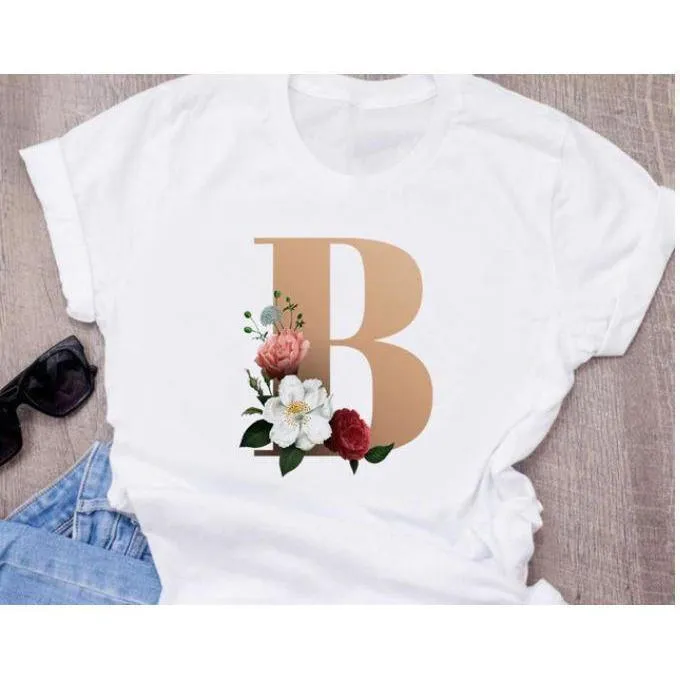 Stylish Women Flower Print Letter T Shirts