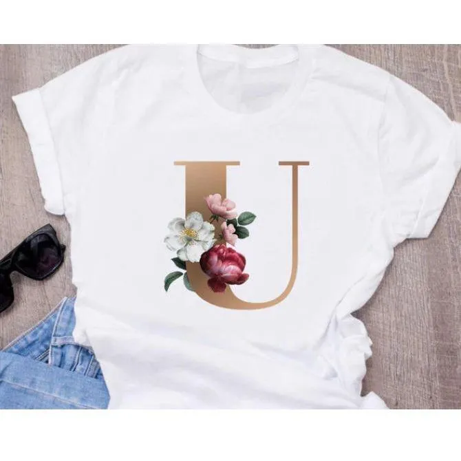 Stylish Women Flower Print Letter T Shirts