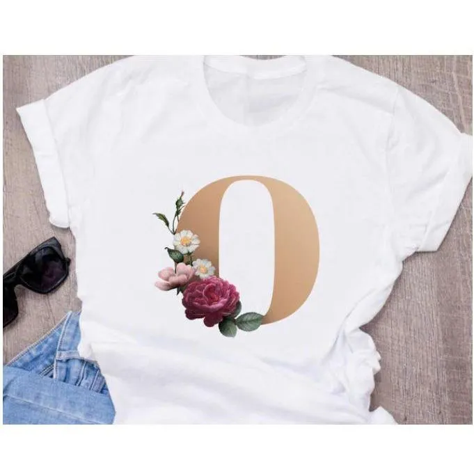 Stylish Women Flower Print Letter T Shirts