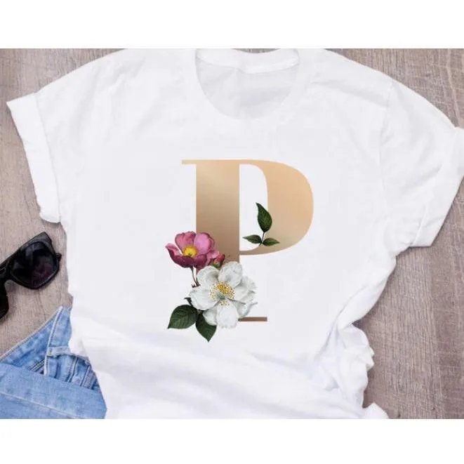 Stylish Women Flower Print Letter T Shirts