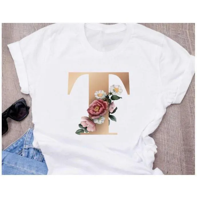 Stylish Women Flower Print Letter T Shirts