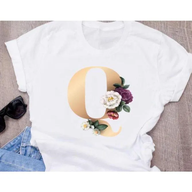Stylish Women Flower Print Letter T Shirts