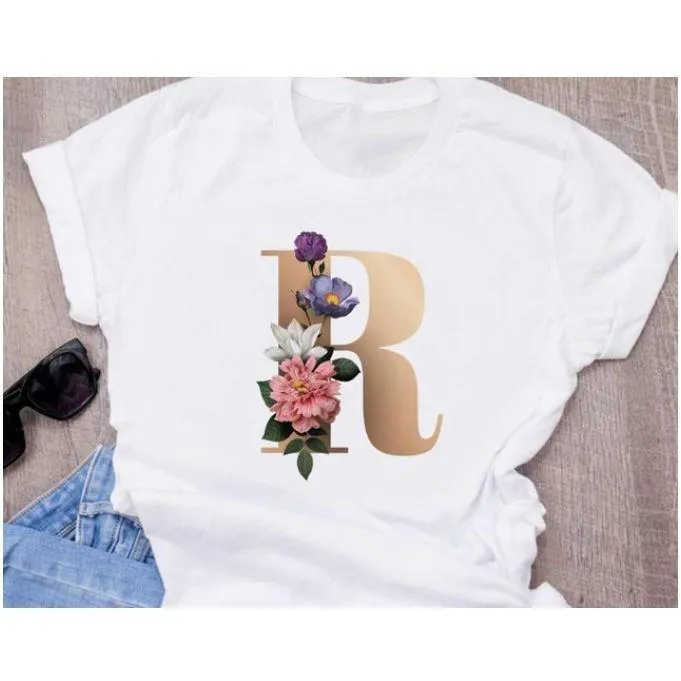 Stylish Women Flower Print Letter T Shirts