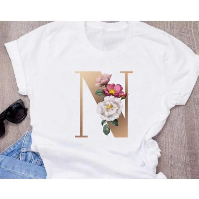 Stylish Women Flower Print Letter T Shirts