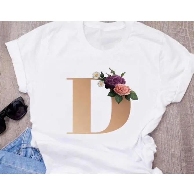 Stylish Women Flower Print Letter T Shirts