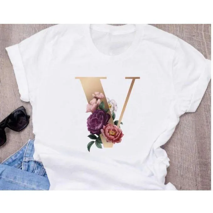 Stylish Women Flower Print Letter T Shirts