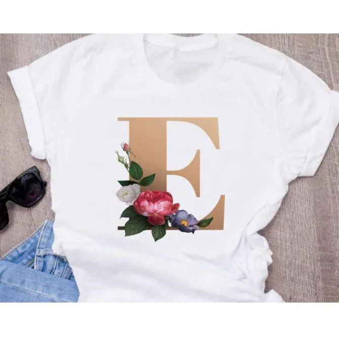 Stylish Women Flower Print Letter T Shirts