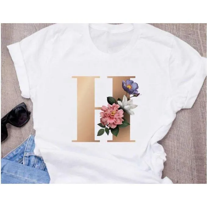 Stylish Women Flower Print Letter T Shirts