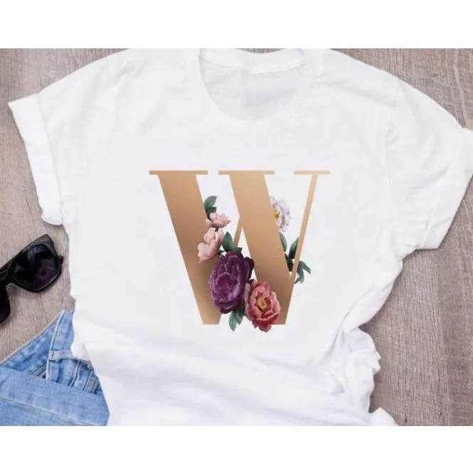 Stylish Women Flower Print Letter T Shirts