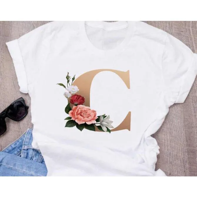 Stylish Women Flower Print Letter T Shirts