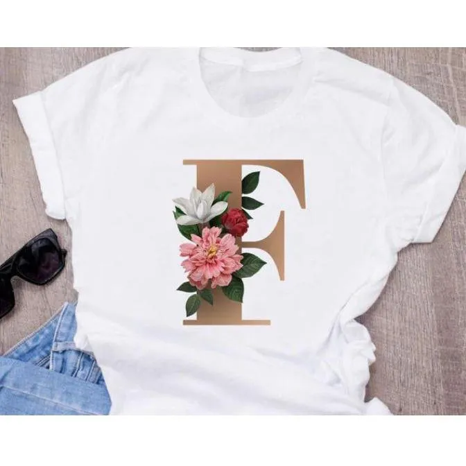 Stylish Women Flower Print Letter T Shirts