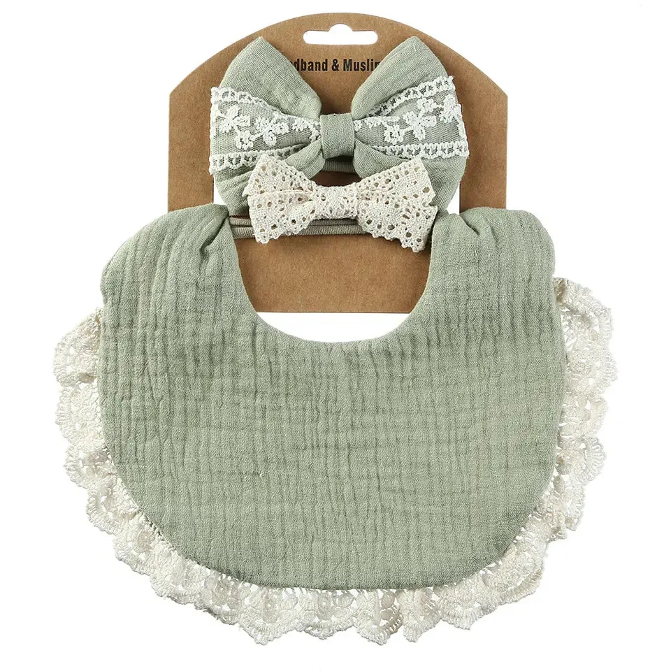THE LITTLE LOOKERS Muslin Baby Bibs Drool Bibs Headband Set Drool Cloths Bibs 4-Layer Organic Cotton Lace Waterproof for Girls (Pack of 1)