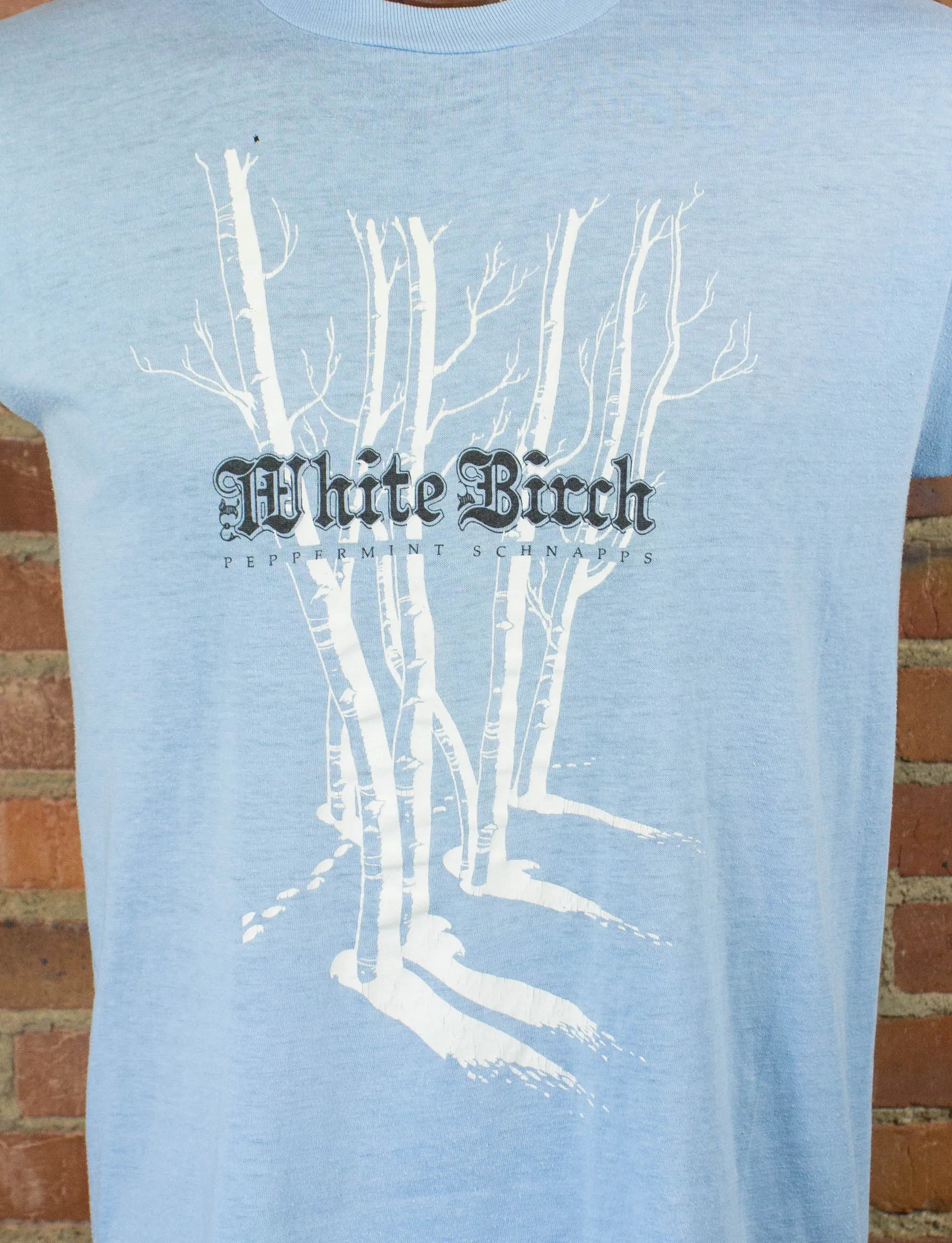 Vintage 80s White Birch Peppermint Schnapps Baby Blue Graphic T Shirt Unisex Medium-Large