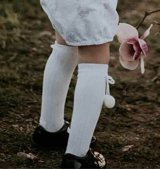 White Pom Pom Knee High Socks