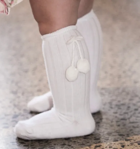 White Pom Pom Knee High Socks