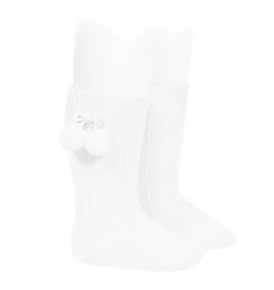 White Pom Pom Knee High Socks