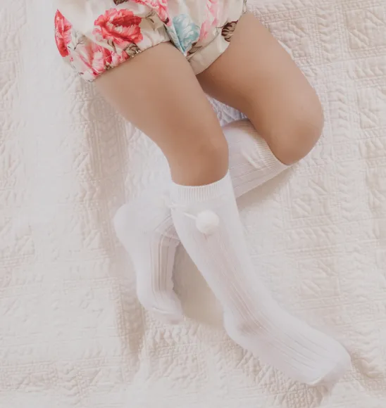White Pom Pom Knee High Socks
