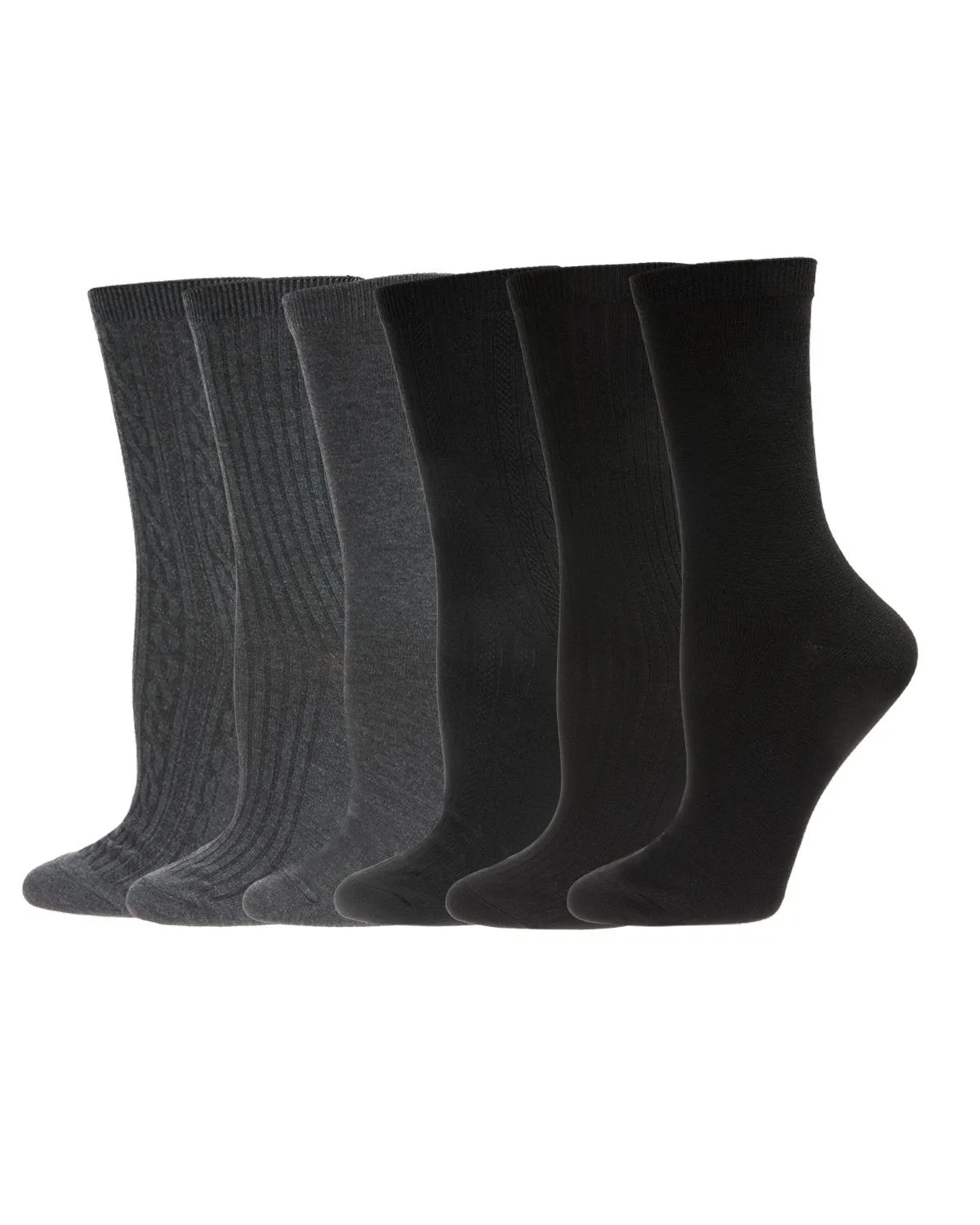 Women's 6 Pair Pack Basic Rib/Flat Knit/Cable Crew Socks
