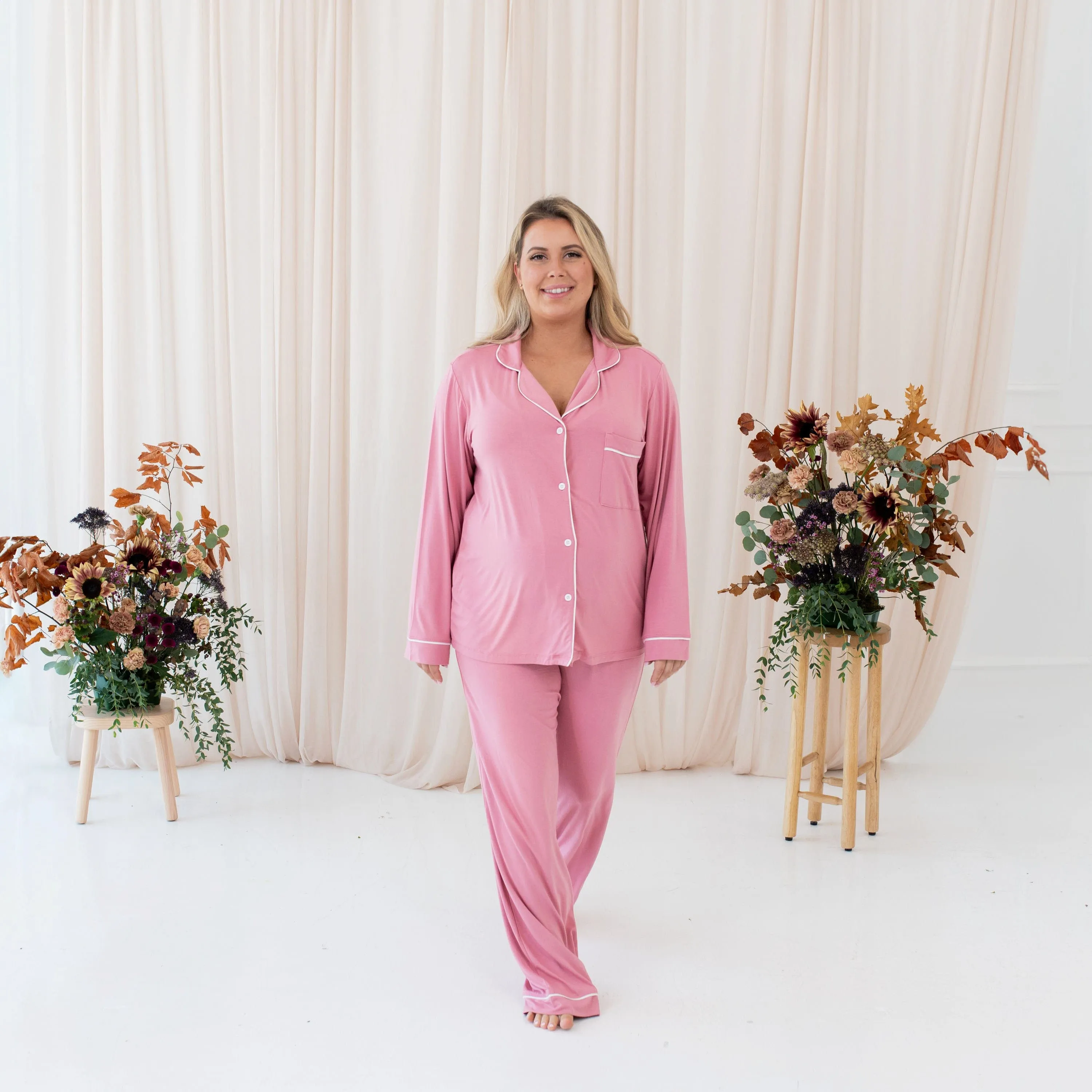 Women's Long Sleeve Pajama Set in Apple Blossom with Cloud Trim